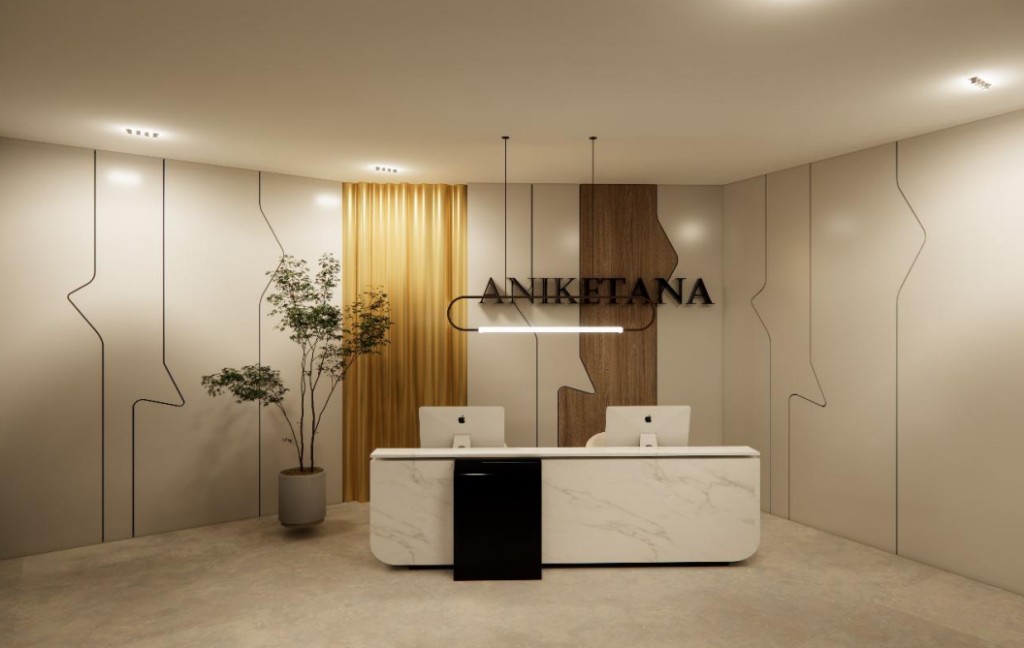 Modern reception and welcome desk at Anikethana Vidya Mandira