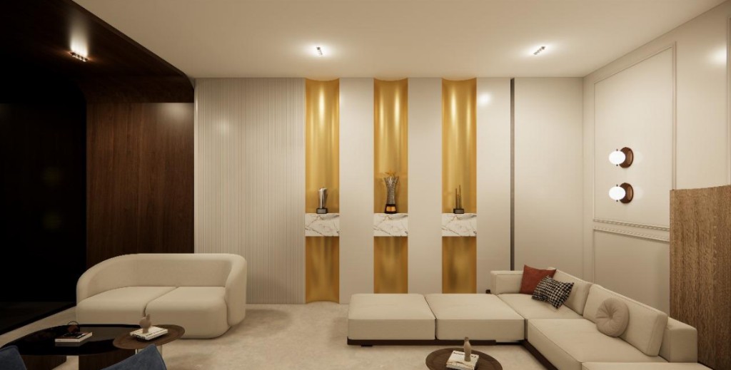 Feature wall with warm lighting and display alcoves celebrating achievement