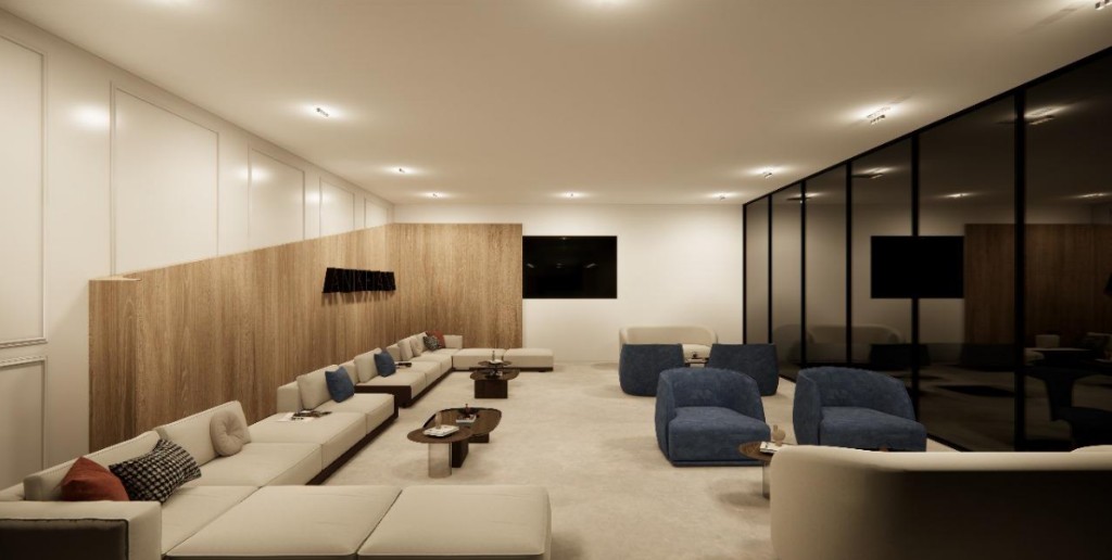 Bright lounge with wood panelling and Anikethana branding